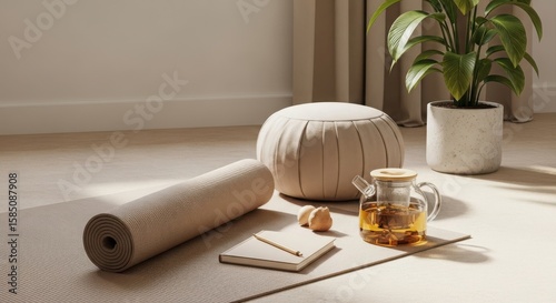 Yoga mat with tea and book for a peaceful session