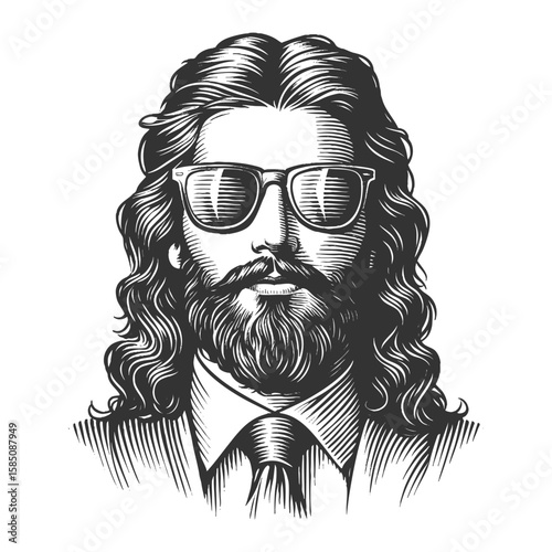 Jesus Christ with long hair, beard, and modern sunglasses, blending classic and contemporary elements sketch engraving generative ai fictional character vector. Scratch board. Black and white image.