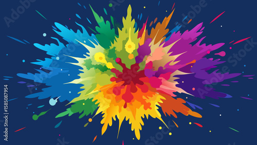 Vector art of a vivid explosion of colorful paint splatters radiates outwards, forming an energetic and abstract design