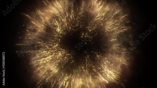 4K Golden Glitter Particle Explosion Abstract Light Burst Background Animation Video. Gold particles isolated on black. Trend effect for motion design, overlays, intros, or festive visuals.