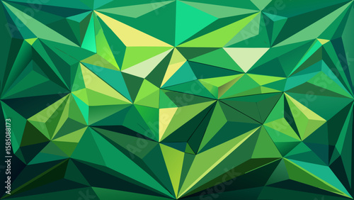 Vector art of a vibrant abstract geometric pattern composed of numerous green and yellow faceted polygons creating a dynamic, crystalline texture