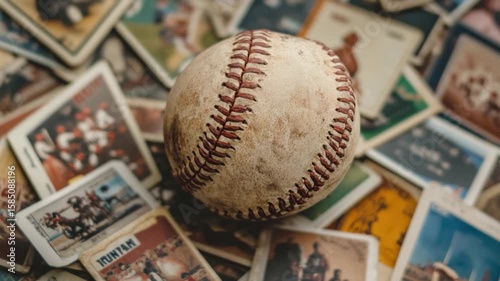 Baseball memorabilia - vintage cards and a worn ball