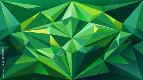 Vector art of a vibrant abstract geometric pattern composed of numerous green and yellow faceted polygons creating a dynamic, crystalline texture