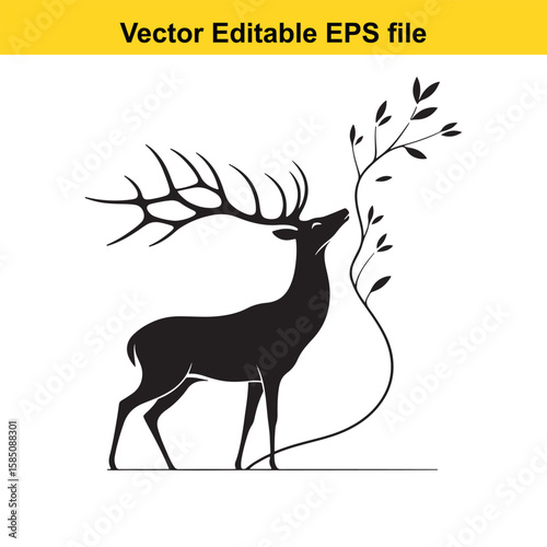 A deer with large antlers reaching for a plant branch