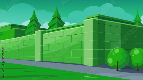Vector art of a long, green sound barrier wall with a brick pattern extends along a road, with stylized trees and green hills