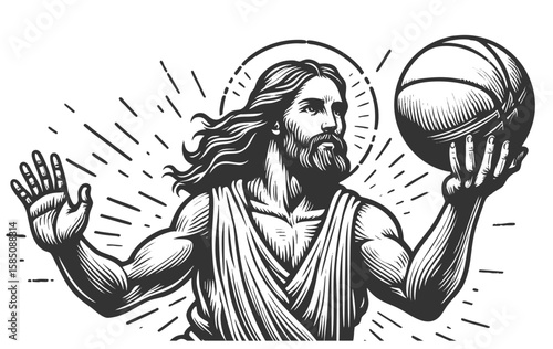 Jesus Christ with a halo and crown of thorns, holding a basketball in a dramatic, spiritual pose sketch engraving generative ai vector illustration. Scratch board. Black and white image.