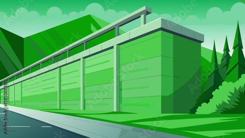 Vector art of a modern green sound barrier wall runs parallel to a road, bordered by trees and rolling hills under a cloudy sky