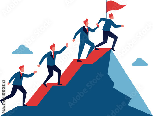 business team climbing a mountain trail with success