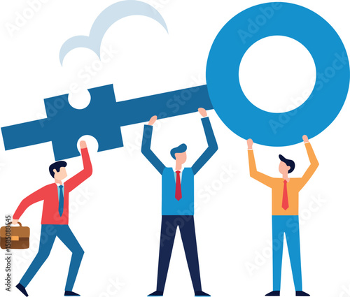 businesspeople lifting a giant key to unlock solution