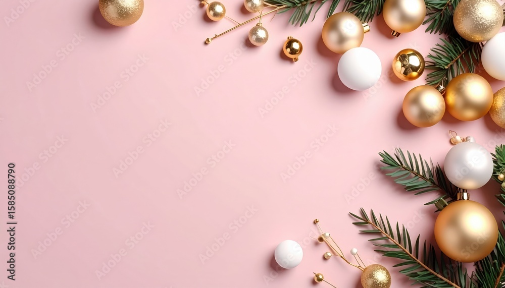 Fototapeta premium Elegant christmas ornaments on pink background holiday decoration scene festive atmosphere close-up view merry concept