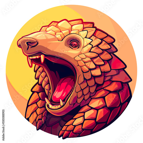 Stylized illustration of a snake's head with open mouth and fangs, set against a warm yellow background.