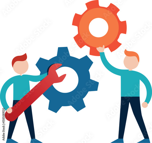 colleagues holding giant wrench and gears repairing