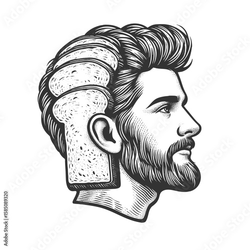 man head and face made entirely of sliced bread pieces sketch engraving generative ai fictional character vector illustration. Scratch board imitation. Black and white image.