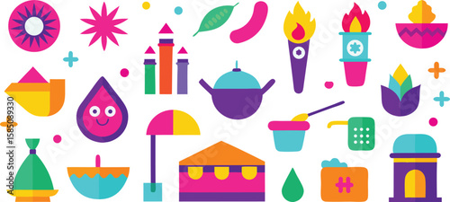 Vector art of a vibrant and abstract collection of modern design elements and icons in various colorful shapes isolated on transparent background.
