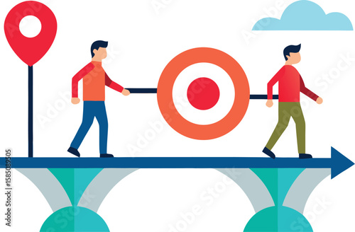 colleagues walking across bridge made of ideas