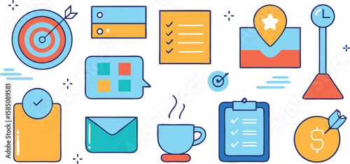 Vector art of a modern collection of business and strategy icons including targets, lists, and financial elements isolated on transparent background.