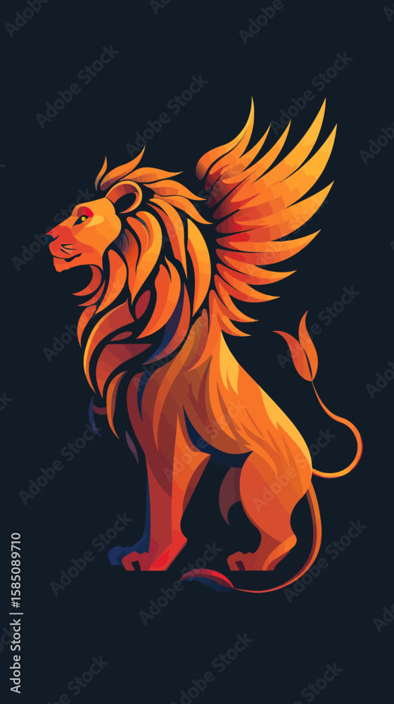 Naklejka premium Fiery, winged lion illustration in vibrant orange and dark background.