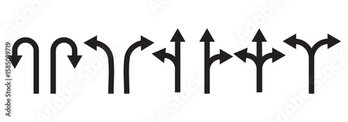 Road sign icon set with turn arrow symbol direction, navigation, guide, U-turn path, split way vector illustration for traffic transport map.
