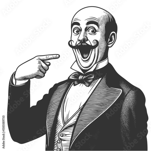Victorian man with a large mustache, wide open mouth, and pointing dramatically at himself sketch engraving generative ai fictional character vector illustration. Scratch board. Black and white image.