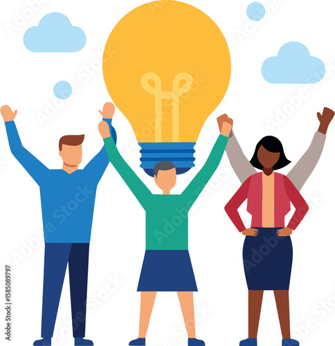 diverse professionals holding up a giant lightbulb