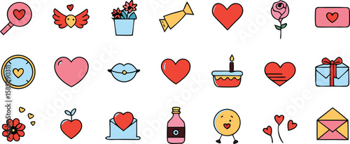 Vector art of a charming set of pink and red icons for valentines day, featuring hearts and romantic symbols isolated on transparent background.