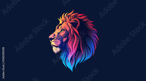 Vibrant, stylized lion head profile, colorful mane, dark background.