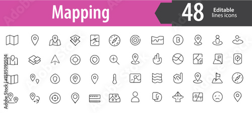 Mapping Line Icons, Location Pin, Map Route, Compass, GPS, Folded Map, Editable Formats: AI, EPS, PNG, Ideal for Both UI and Print Media Use
