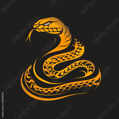 A stylized illustration of a golden snake coiled on a dark background, showcasing its detailed scales.