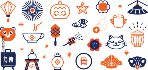 Vector art of a festive collection of asian cultural icons including lanterns, animals, and traditional symbols isolated on transparent background.