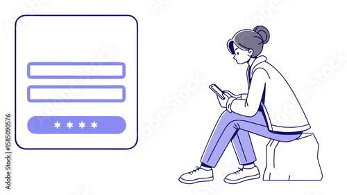 Illustration of a woman using a smartphone next to a login form with username password and login button