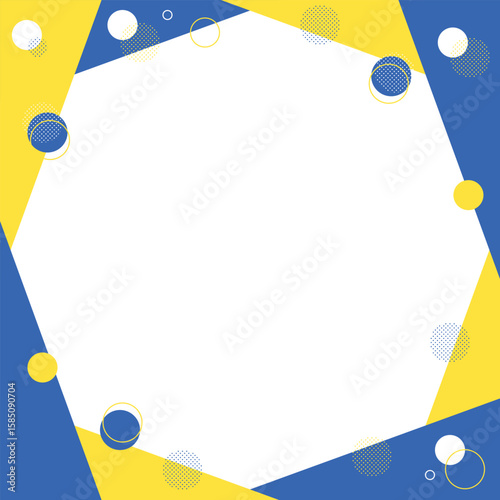 Decorative frame with popping bubbles. Geometric pattern in bright blue, yellow, white.  / はじける泡のフレーム 装飾素材 幾何学模様 ポップで明るい 青 黄色 白