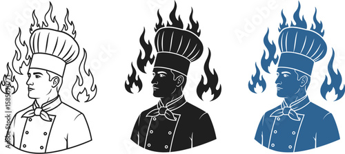 Three chef portraits showcase culinary passion with vibrant fire graphics and distinct outlines, offering design options for menus and branding.