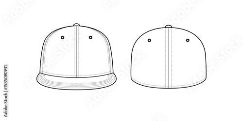 Flat Brim Baseball Cap-Fitted Cap- Front and Back View- Flat Vector Illustration- Technical Illustration- Cad Mock-Up