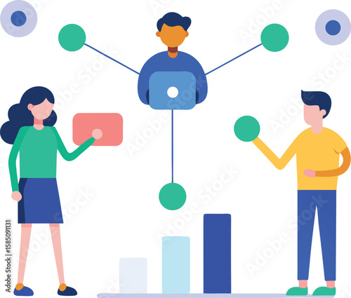 people connecting data points on floating screen