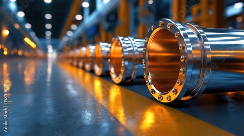 Spacious industrial factory interior featuring polished stainless steel pipes with bright lighting