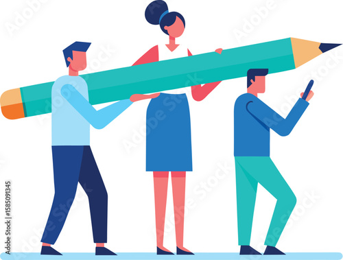 professionals holding giant pencils drawing