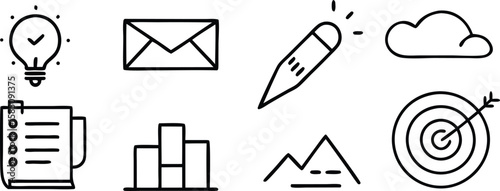Vector art of a set of black and white business and planning icons for creative projects isolated on transparent background.