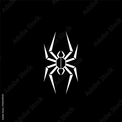 A stylized, symmetrical white spider illustration with sharp, angular legs against a solid black background.