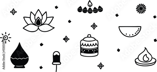 Vector art of a minimalist set of diwali icons and symbols, featuring traditional lamps and festive elements isolated on transparent background.