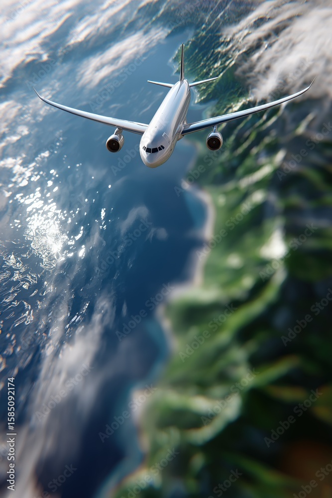 Obraz premium Airplane flying over coastline with blue sky and clouds