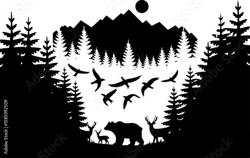 Black silhouettes of forest animals among pine trees on white background | Premium AI-generated vector


