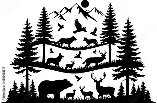 Black silhouettes of forest animals among pine trees on white background | Premium AI-generated vector


