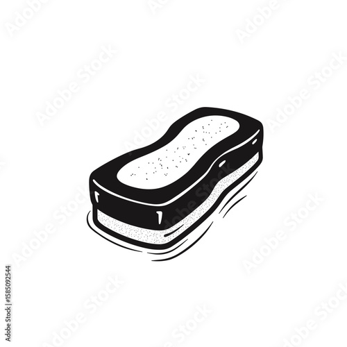 Black kitchen sponge icon in retro style. Vector illustration of a cleaning sponge with texture and outline. Isolated on white background, ideal for housework, hygiene or detergent design.