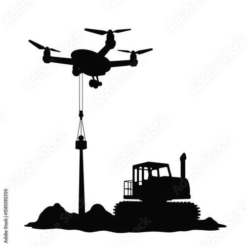 Silhouette of drone lifting construction materials near construction equipment, offering versatile applications. Drone silhouette hoists construction supplies alongside machinery and an excavator.
