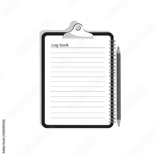 Log book with spiral and pencil for organized record keeping on white background. Log book is essential for managing information and tasks with detailed pages for efficient note taking.