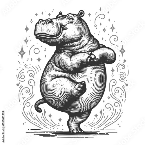 Dancing Hippopotamus sketch engraving generative ai fictional character vector illustration. Scratch board imitation. Black and white image.