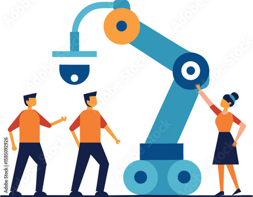 team repairing a large robotic arm