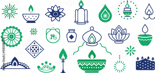 Vector art of a festive collection of diwali icons in blue and green, showcasing traditional lamps and floral motifs isolated on transparent background.