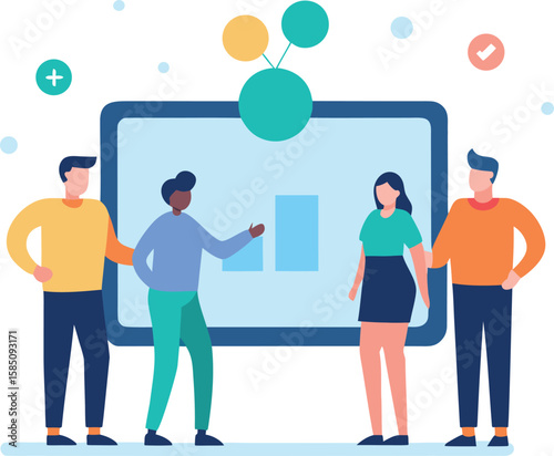 team standing around a giant tablet screen
