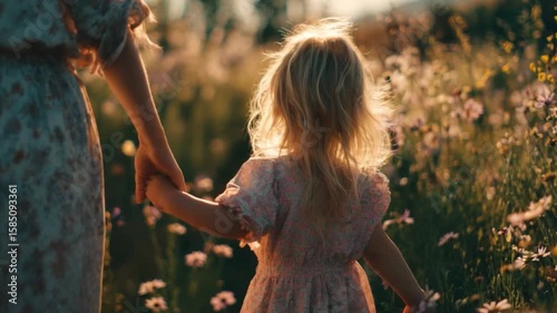 Tender Bond: A mother and child stroll hand-in-hand through a flower-filled field, basking in the warm glow of the sunlight. This image evokes a sense of unconditional love and shared joy.